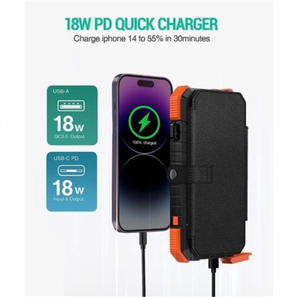 Solar Charger Power Bank, PD 18W QC3.0 Fast Charging 20000mAh Solar Powered - Picture 2 of 7